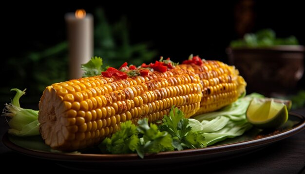 Plato saludable de verduras a la parrilla en una mesa de madera generado por IA