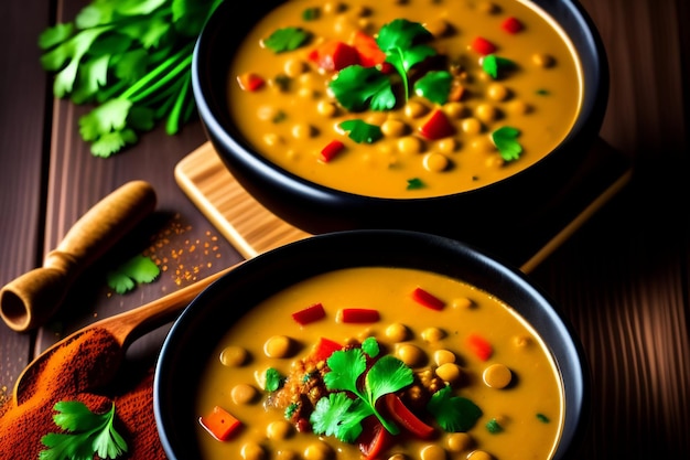 Foto gratuita un plato de sopa de garbanzos con una cuchara al lado