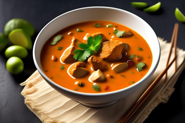 Un plato de sopa de pollo y arroz con una cuchara en una servilleta.