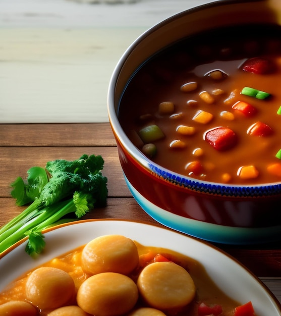 Foto gratuita un plato de sopa de verduras junto a un plato de vieiras.