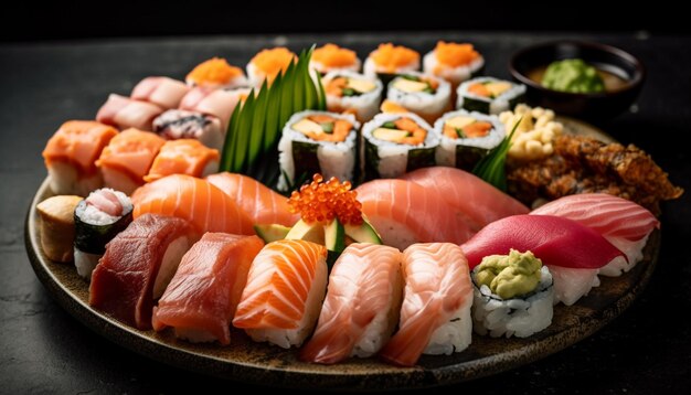 Plato de sushi de colección de mariscos frescos con variedad generada por IA