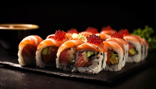 Plato de sushi gourmet con variedades de mariscos frescos generados por IA