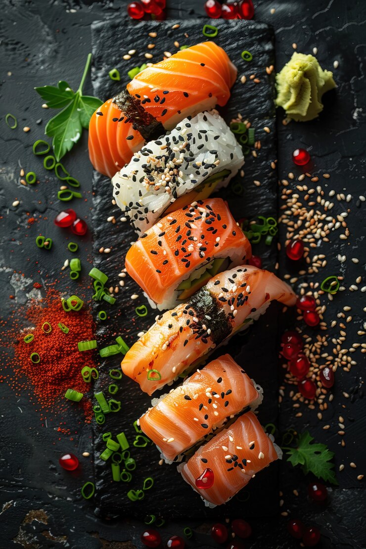 Foto gratuito plato de sushi de mariscos con detalles y un simple fondo negro