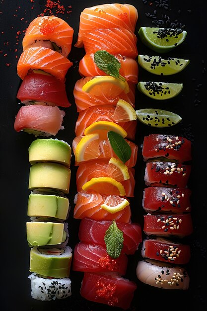 Plato de sushi de mariscos con detalles y un simple fondo negro