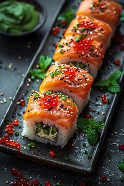 Plato de sushi de mariscos con detalles y un simple fondo negro