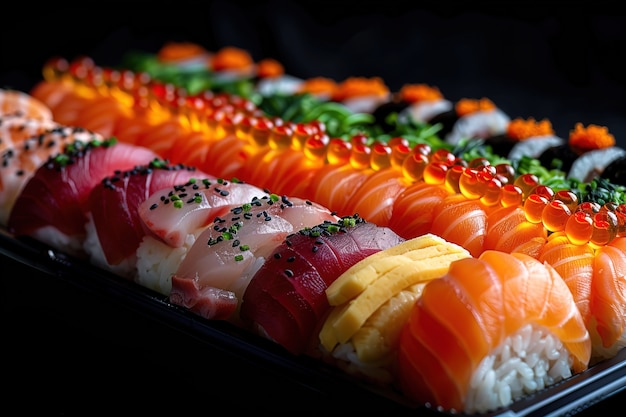 Foto gratuita plato de sushi de mariscos con detalles y un simple fondo negro