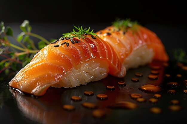 Plato de sushi de mariscos muy detallado con un simple fondo negro