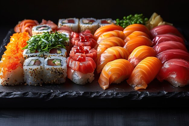 Plato de sushi de mariscos muy detallado con un simple fondo negro