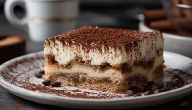 Foto gratuita un plato de tiramisú con una taza de café al fondo