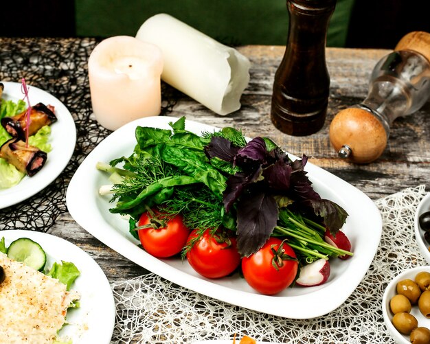 Un plato de vegetales verdes con tomate, pepino, rábano y hierbas