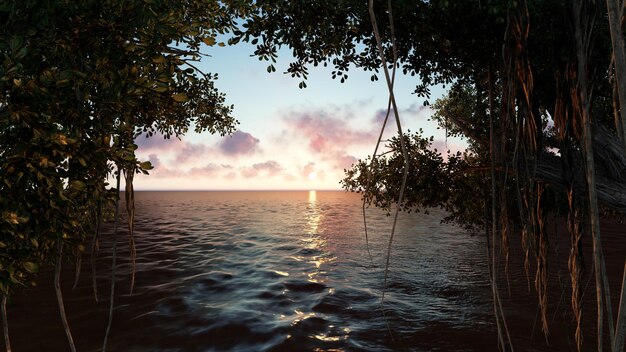 Playa al atardecer con arboles