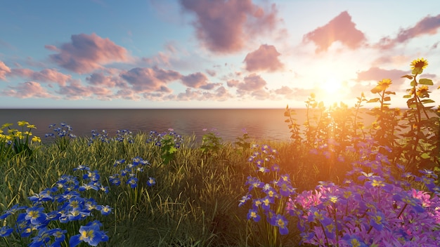 Playa al atardecer con plantas