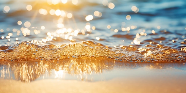 La playa brilla con una cálida luz ámbar mientras las olas acarician suavemente la arena