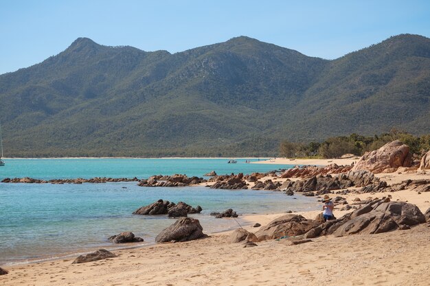 Playa cubierta de rocas rodeada por el mar y colinas cubiertas de bosques bajo la luz del sol