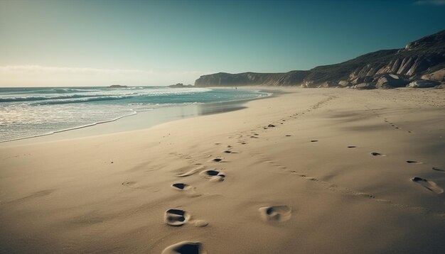 Una playa con una montaña al fondo.