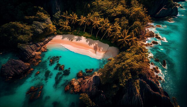 Una playa de noche con palmeras y una playa de arena blanca.