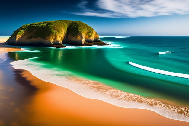 Una playa con una playa de arena roja y un cielo azul