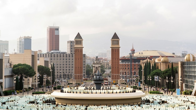 Plaza de españa, las torres venecianas, fuente, vista desde el palau nacional de barcelona, españa