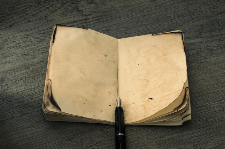 Foto gratuito pluma de tinta cerca de un cuaderno antiguo