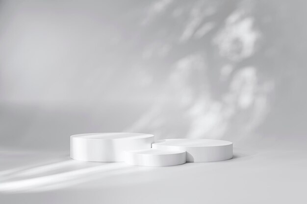 Podio de cilindro blanco y soporte de exhibición de producto de pedestal de sombra de árbol representación 3d de fondo