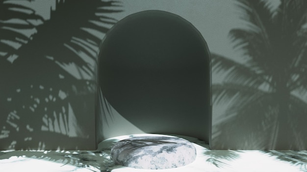 Podio de exhibición de productos con pared de mármol y sombra de hojas Representación de ilustración de podio 3D
