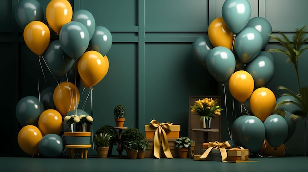 podio de globos verdes y amarillos y productos promocionales