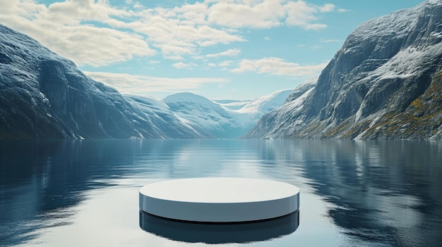 Foto gratuita un podio moderno para el diseño de productos con hermosos fiordos como telón de fondo
