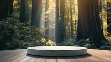 Foto gratuita un podio moderno para el diseño de productos con el telón de fondo de un bosque de secuoyas
