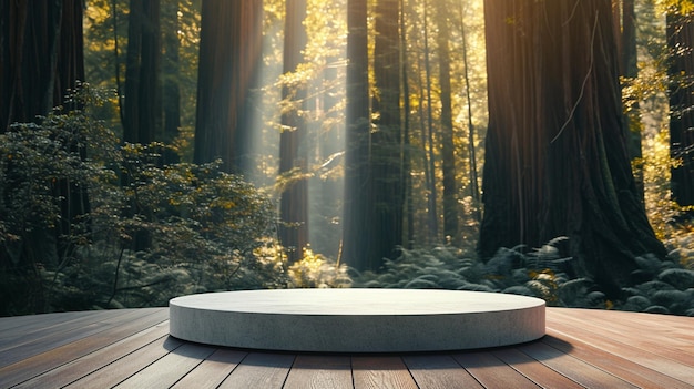 Un podio moderno para el diseño de productos con el telón de fondo de un bosque de secuoyas
