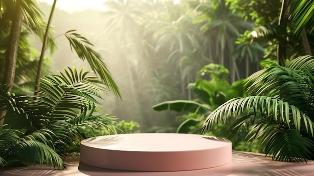 Un podio moderno para el diseño de productos con el telón de fondo de un bosque tropical.