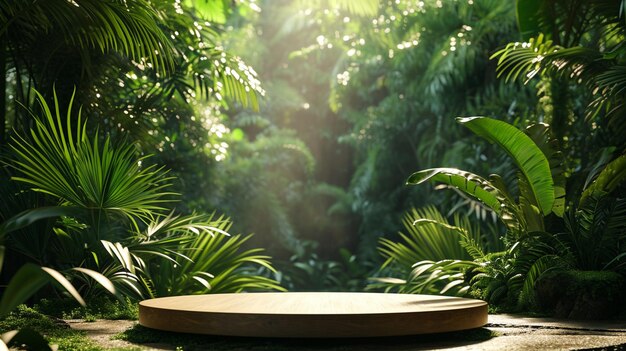 Un podio moderno para el diseño de productos con el telón de fondo de un bosque tropical.