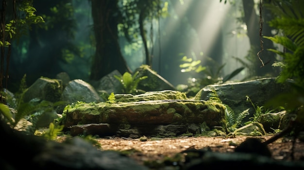 Un podio de piedra en un bosque tropical