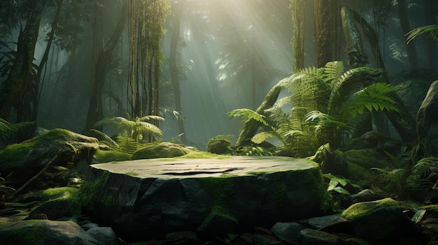 Un podio de piedra en un bosque tropical