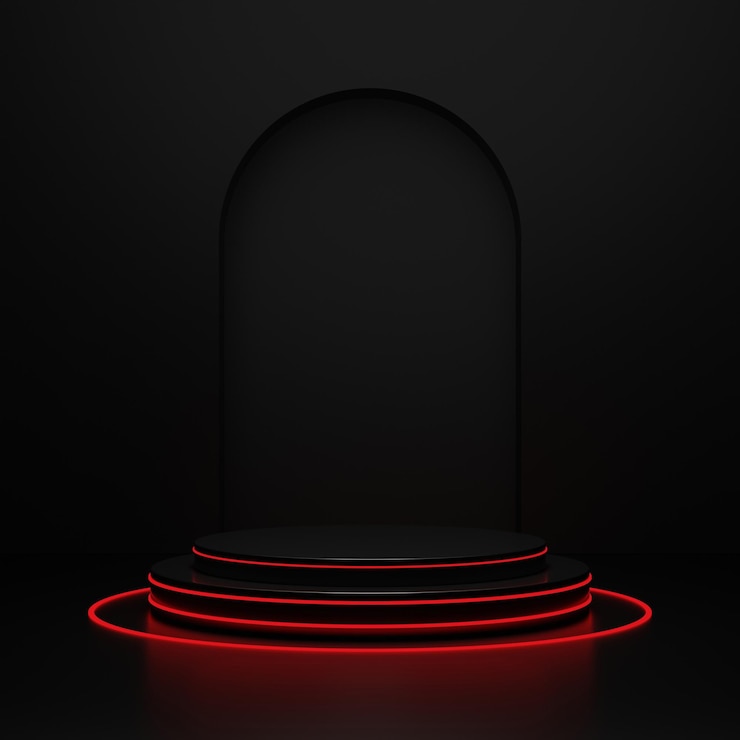 Foto gratuito podio redondo de luz roja y fondo negro para el simulacro