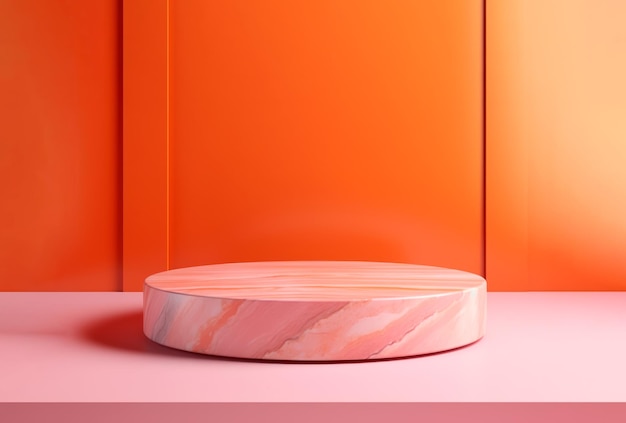Podio redondo de mármol rosa sobre un fondo abstracto naranja