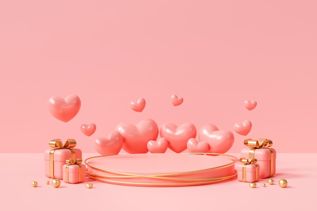 Podio rosa con soporte de exhibición de producto de pedestal de cilindro de corazones plataforma de amor romántico sobre fondo rosa representación 3D