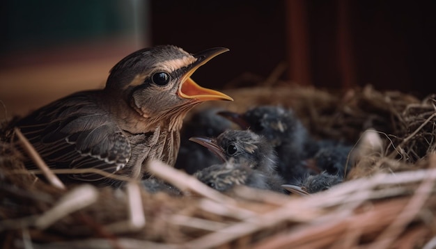 Pollito recién nacido saliendo de un acogedor nido de animales generado por IA