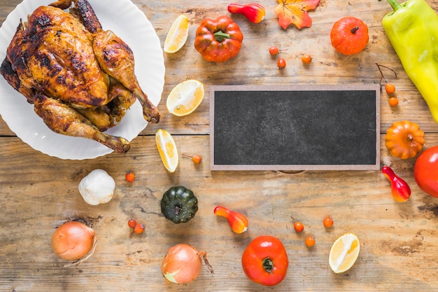 Pollo al horno cerca de verduras cerca de tablero