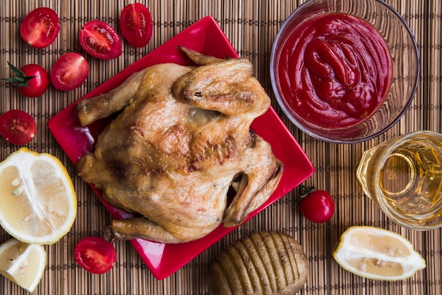 Foto gratuita pollo asado para la cena con cerveza; patata; limón y tomate en estera de bambú