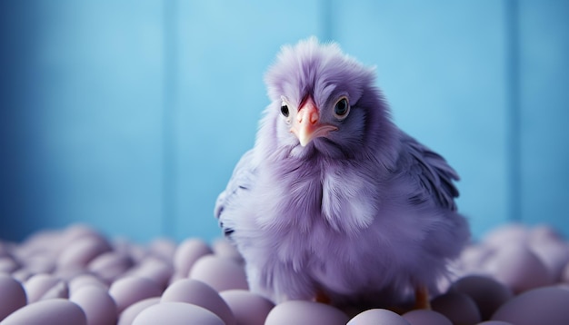 Foto gratuita pollo bebé amarillo esponjoso con pluma azul que parece lindo generado por inteligencia artificial