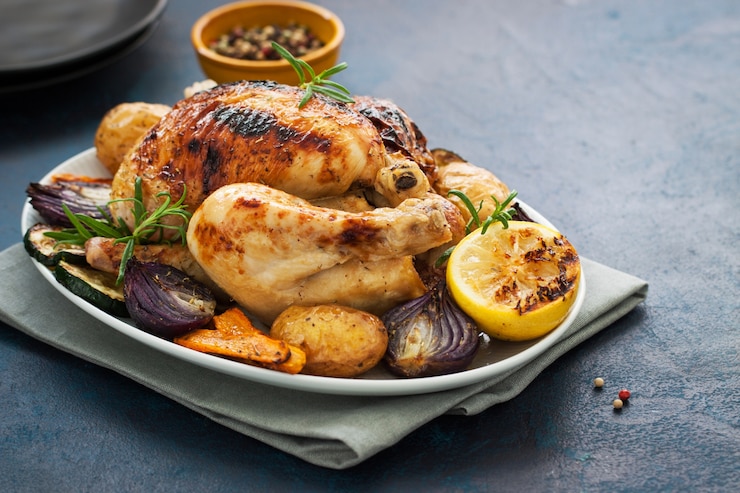Foto gratuito pollo cocinado al horno con limón y verduras