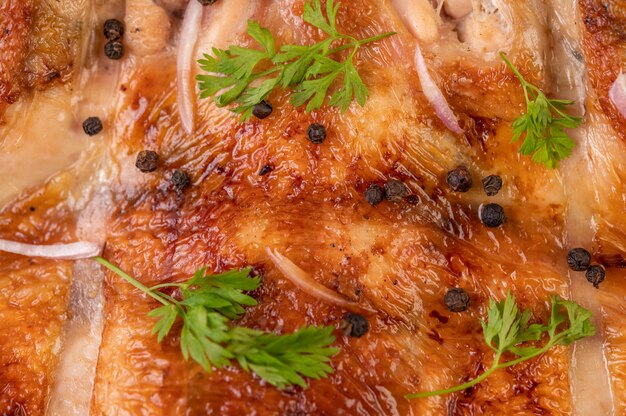 Pollo a la parrilla en el plato con chile Ajo y espolvoreado con semillas de pimiento.