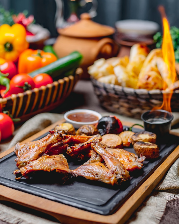 Foto gratuito pollo a la parrilla sobre tabla de madera papa tomate pimiento salsa de chile vista lateral