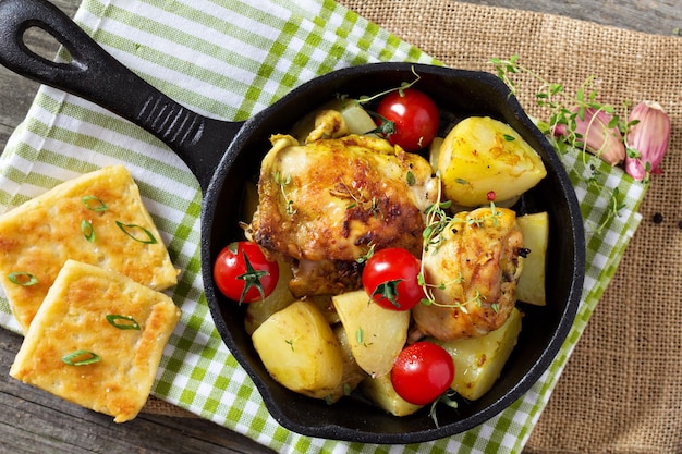 Pollo con patatas y tomates frescos