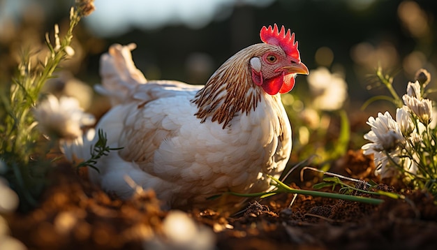 Foto gratuita pollos lindos y saludables pastan en prados verdes en la naturaleza generados por inteligencia artificial