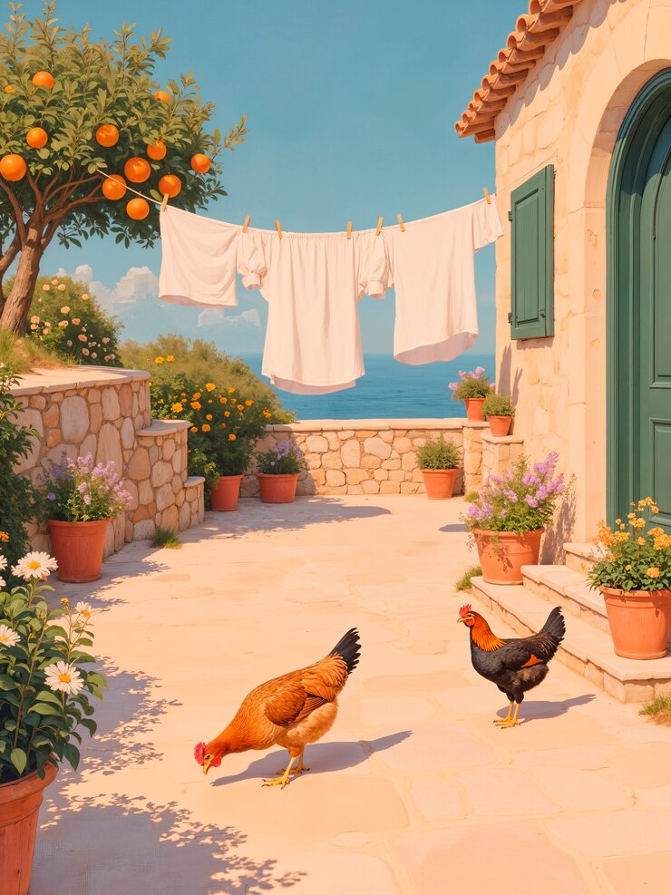 Los pollos en una terraza soleada con lavandería y un árbol de naranja