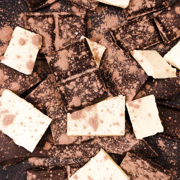 Polvo plano de cacao que cubre chocolate negro y blanco.