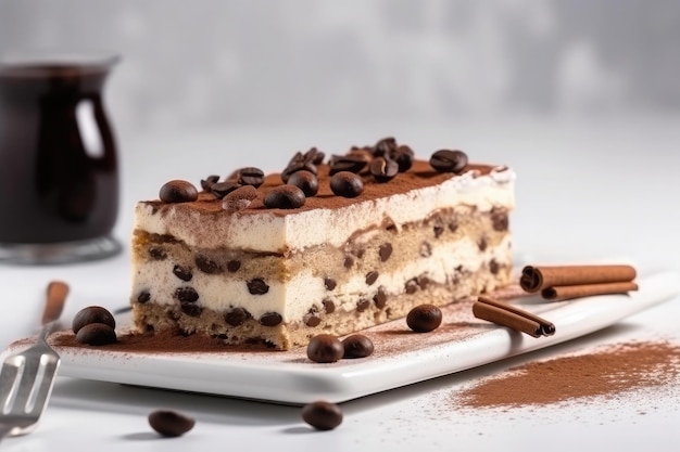 Porción de postre italiano tiramisú gourmet servido en un plato en una mesa gris en una vista lateral Ai generativo