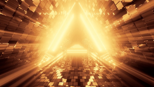 Portal de hermosas luces de neón con líneas naranjas brillantes en un túnel