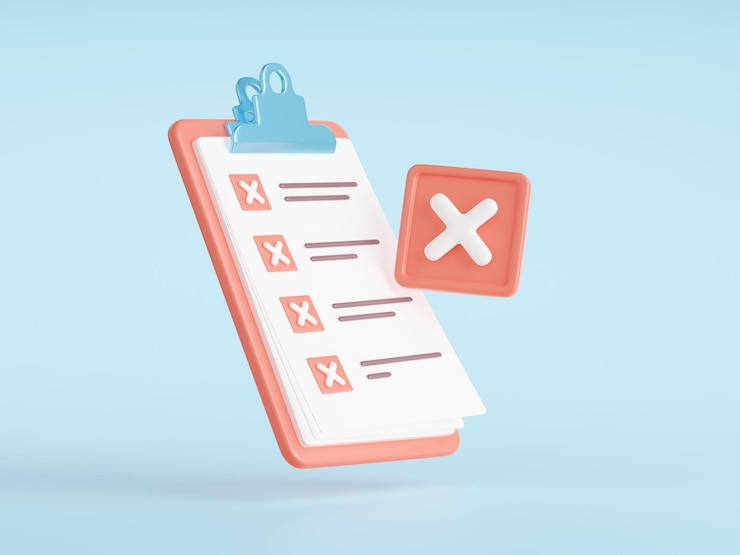 Foto gratuito portapapeles 3d de lista de verificación denegada con marcas cruzadas